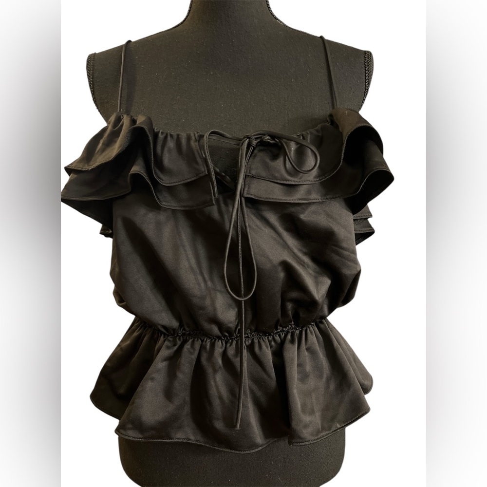 TOP SHOP black satin ruffle crop cami top Size 8